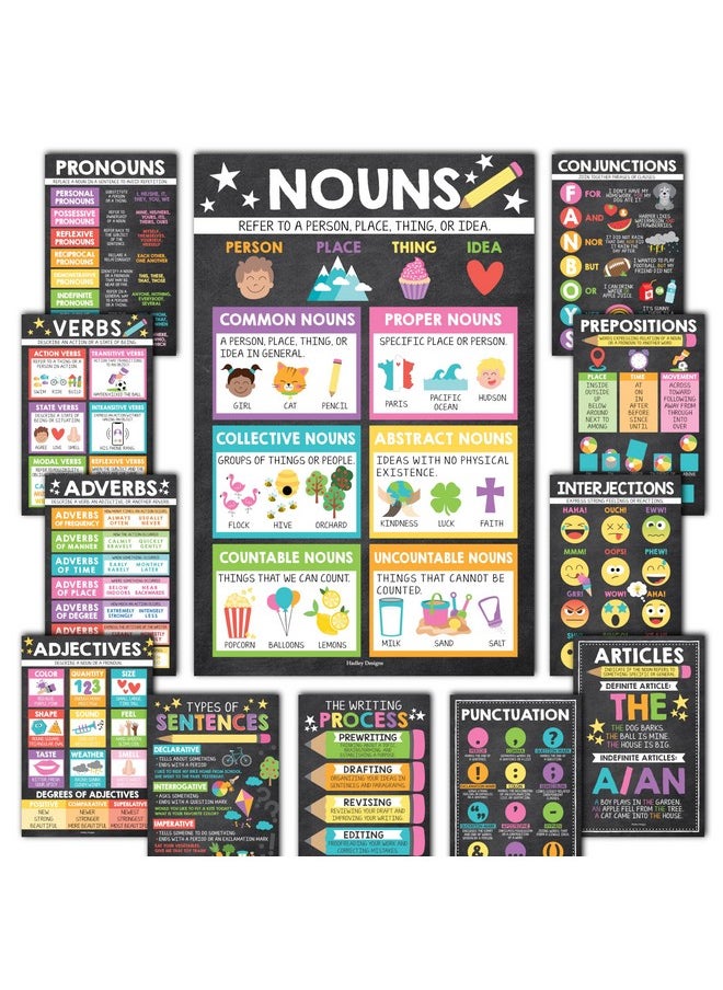 Hadley Designs Hadley Designs 12 Chalkboard Parts of Speech Posters for Classroom Posters for Language Arts - Grammar Posters for Classroom Elementary Classroom Must Haves  - Image 1