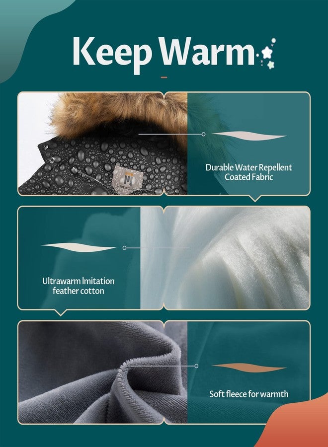 CREATMO US Girl's Coats Kids Winter Puffer Snow Jacket Hooded Water-Resistant With Faux Fur Hood Black 10/12 - Image 4