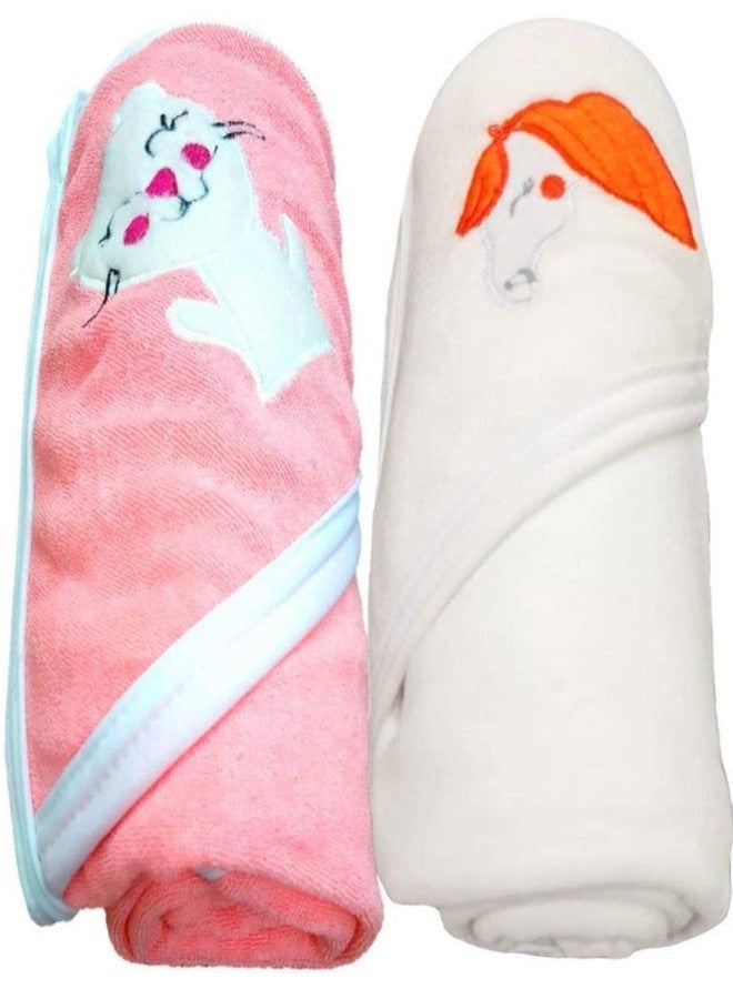 BRANDONN Baby Boy's and Girl's Terry Cotton Baby Bath Towel Cum Baby Wrapper Towel (White, Pink, 0-2 Years) - Combo of 2 - Image 1