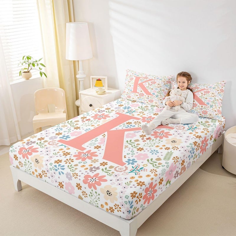 Initial Letter K Fitted Sheet Queen Size for Kids Teens Adults,Cartoon Pink Flowers Bed Sheets,Cottagecore Floral Sheets,Garden Wildlife Bedding Set with 2 Pillowcases Deep Pockets,no Top Sheet - Image 4