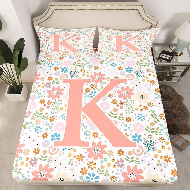 Initial Letter K Fitted Sheet Queen Size for Kids Teens Adults,Cartoon Pink Flowers Bed Sheets,Cottagecore Floral Sheets,Garden Wildlife Bedding Set with 2 Pillowcases Deep Pockets,no Top Sheet - Image 1