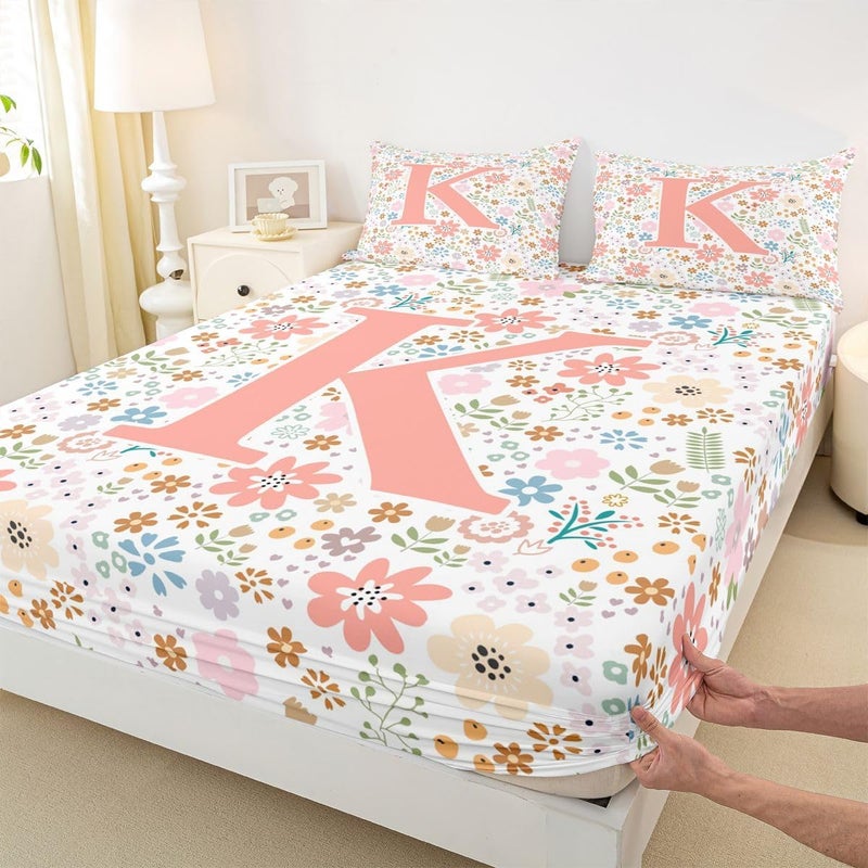 Initial Letter K Fitted Sheet Queen Size for Kids Teens Adults,Cartoon Pink Flowers Bed Sheets,Cottagecore Floral Sheets,Garden Wildlife Bedding Set with 2 Pillowcases Deep Pockets,no Top Sheet - Image 3