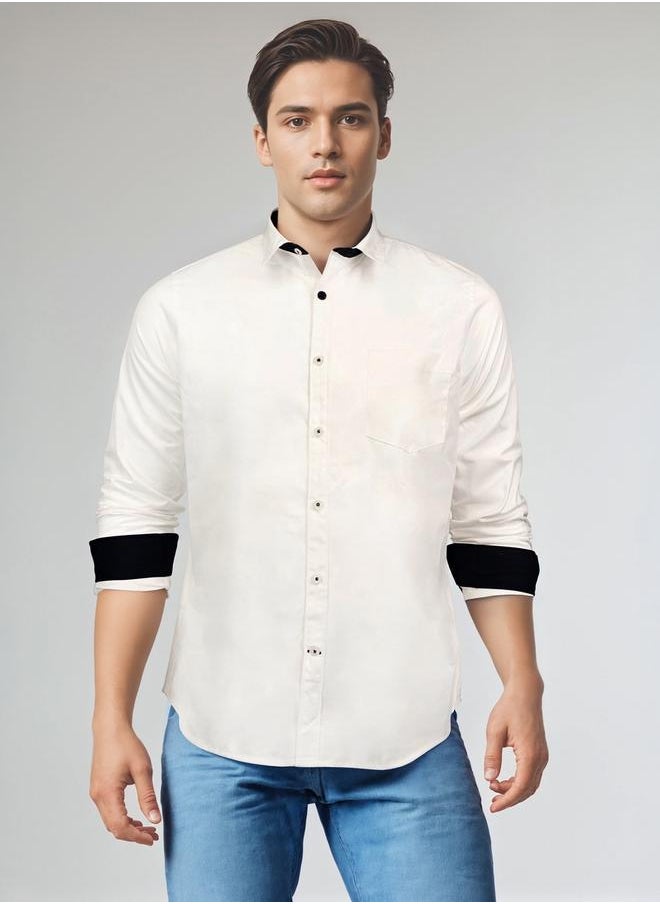 Dennis Lingo - Men white regular fit solid full sleeves button down cotton blend shirts with button closure featuring a spread collar- your next go-to for effortless flair. - Image 1