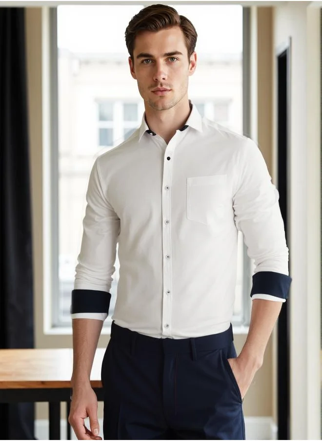 دينيس لينغو Men's White Cotton Blend Solid Button Down Regular Fit Shirt
