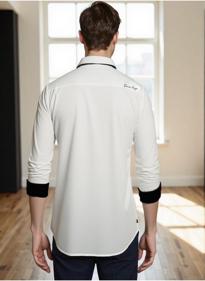 Men's White Cotton Blend Solid Button Down Regular Fit Shirt