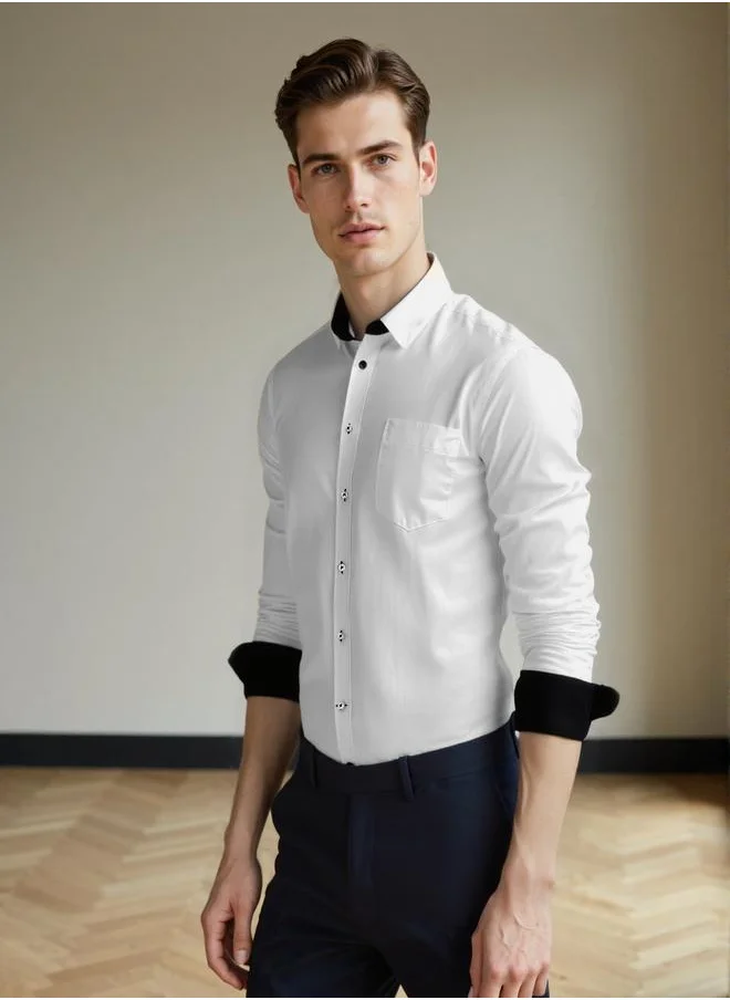 دينيس لينغو Men's White Cotton Blend Solid Button Down Regular Fit Shirt