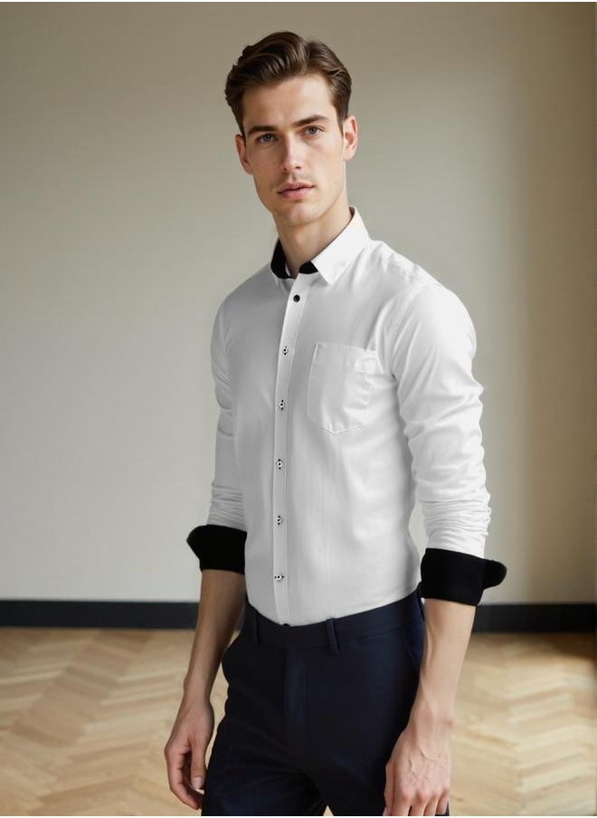 Men's White Cotton Blend Solid Button Down Regular Fit Shirt