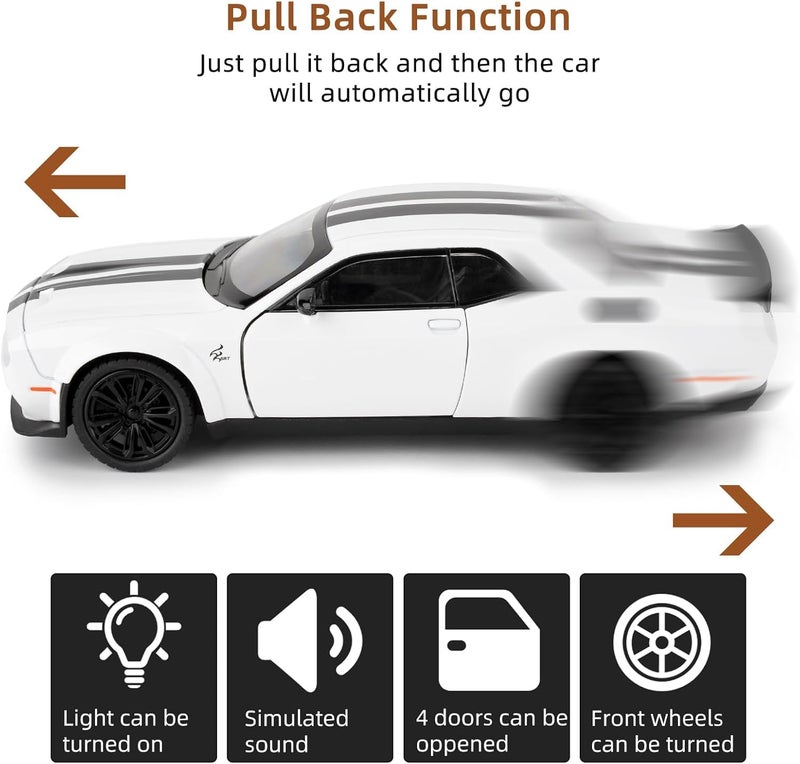 PLUSPOINT Die cast Metal Dodge Challenger SRT 1:24 Hellcat Toy Car Collectible,Vehicle Doors openable with Lights and Sounds,Pull Back Decoration Model Car Toy for Adults Kids Birthday Gifts - Image 2
