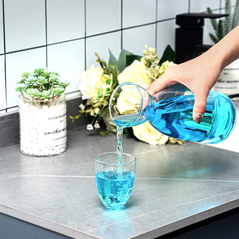 Chengu Bedside Water Carafe Set with Tumbler Glass Set for Bathroom Mouth Washer Dispenser Mouth Wash Containers Decanter with Cup Glass Pitcher Bottle Container, Nightstand or Kitchen, 600 ml (1) - Image 5