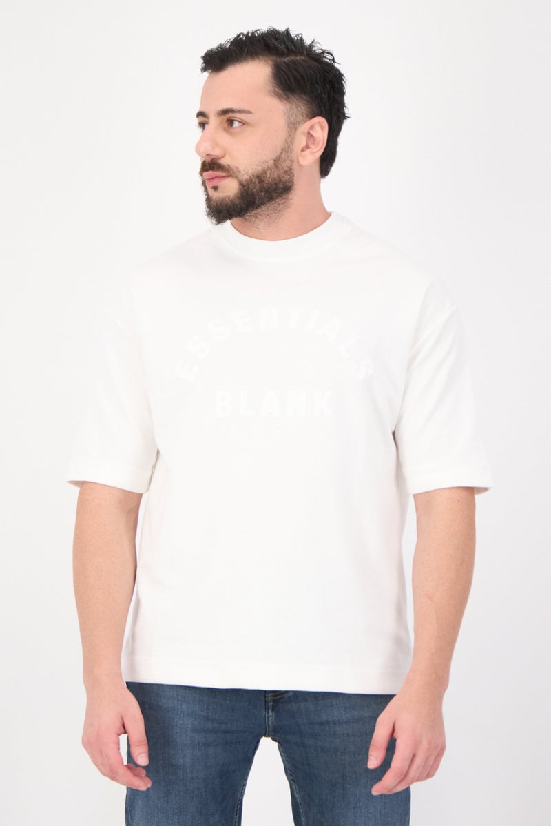Blank Essentials Men Crew Neck Short Sleeves Embroidered Logo T-Shirt, Off White - Image 1