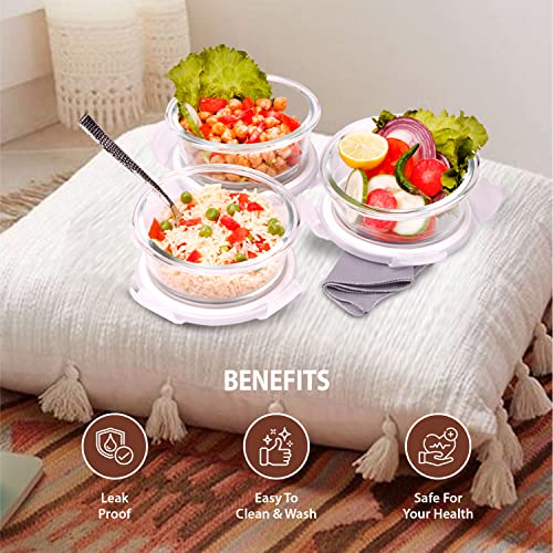 SOPL-OLIVEWARE Grace Glassware Round Lunchbox, Napkin & Steel Spoon, Borosilicate Glass & Microwave Proof, Set of 3 (400ml) - Grey - Image 5