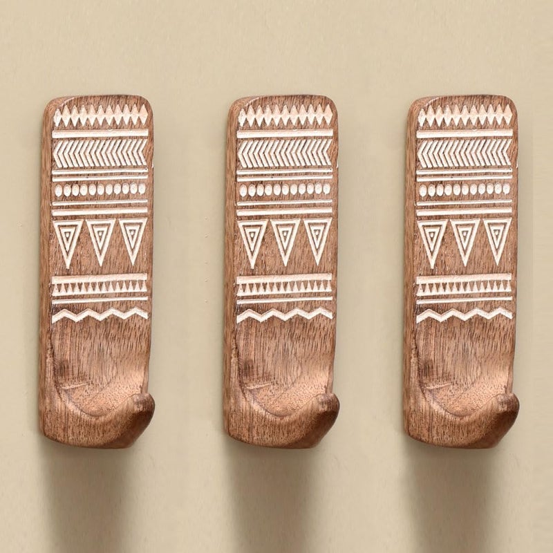 Indian-Shelf 3 Pack Wood Wall Hooks- Adhesive Wall Hooks -Boho Key Decorative Wall Hooks for Hanging- Wood Hangers -Sticky Coat Hooks Wall Mount- Wooden Towel Hooks for Bathroom Wall Mounted- Style 5 - Image 1