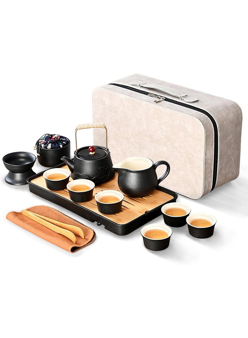 كيلا طقم شاي كونغفو صيني من البورسلين للبالغين، طقم شاي ياباني أسود مع حقيبة محمولة، أطقم شاي للسفر مع إبريق شاي قابل للرفع، 6 أكواب شاي، صينية شاي، مصفاة من الفولاذ المقاوم للصدأ وعلبة شاي - Image 1