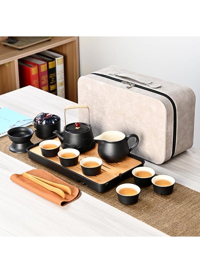 كيلا طقم شاي كونغفو صيني من البورسلين للبالغين، طقم شاي ياباني أسود مع حقيبة محمولة، أطقم شاي للسفر مع إبريق شاي قابل للرفع، 6 أكواب شاي، صينية شاي، مصفاة من الفولاذ المقاوم للصدأ وعلبة شاي - Image 2