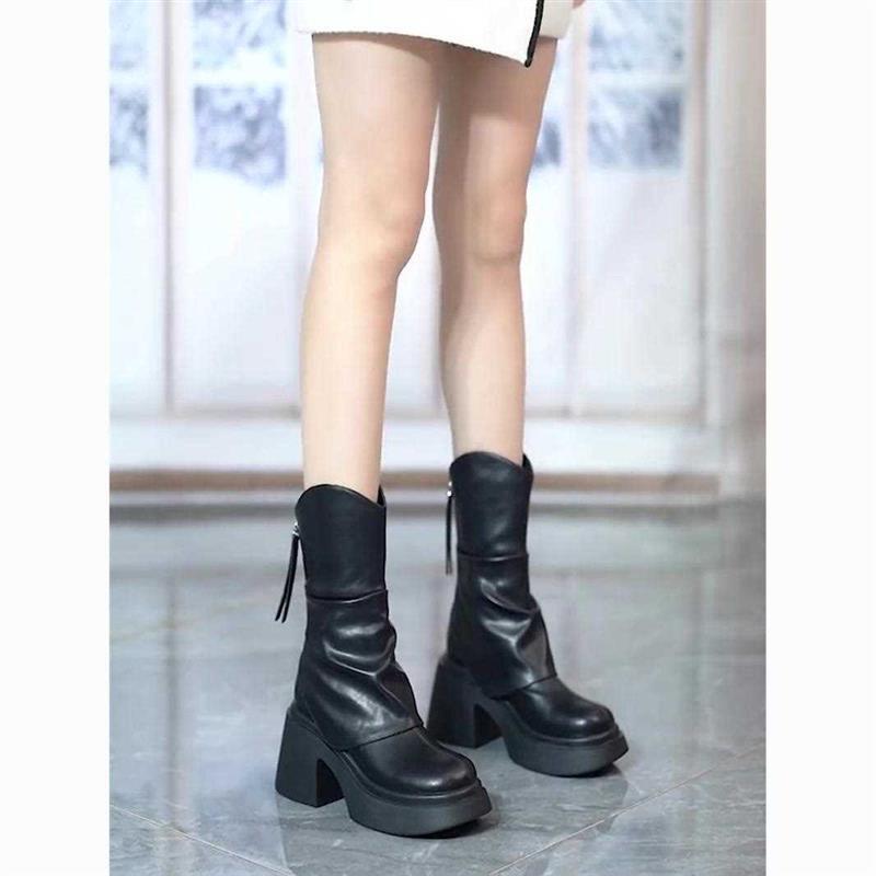 Platform Thick Bottom Height Increasing Mid-Calf Martin Boots 2023 Early Spring Round Toe Small V Cut Surface Chunky Heel Fashion Boots - Image 4