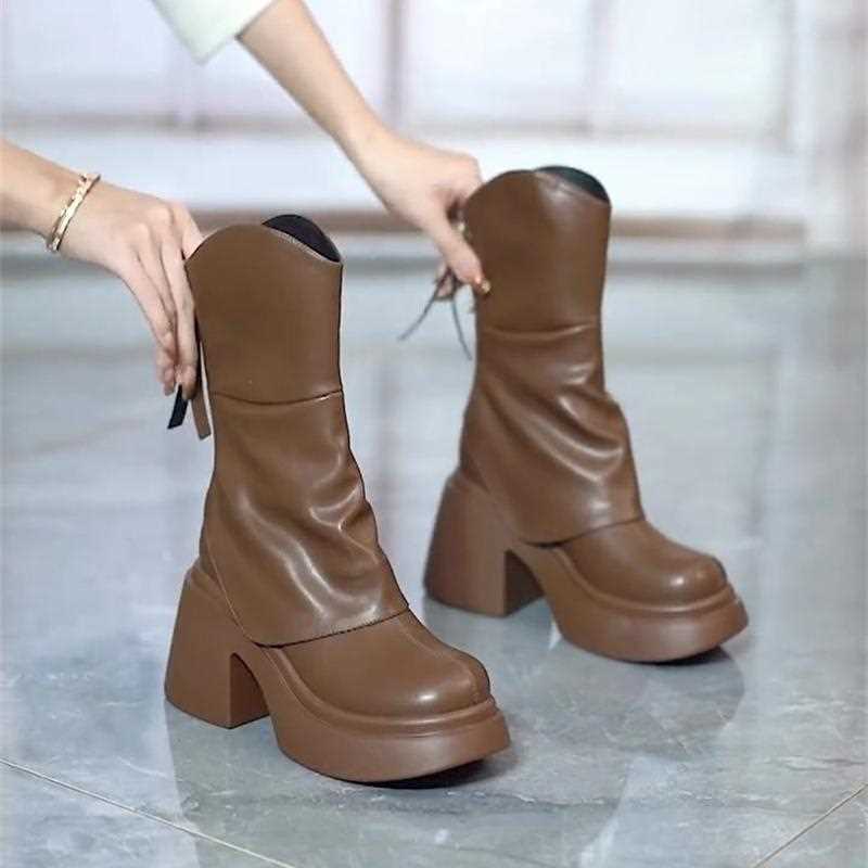 Platform Thick Bottom Height Increasing Mid-Calf Martin Boots 2023 Early Spring Round Toe Small V Cut Surface Chunky Heel Fashion Boots - Image 1