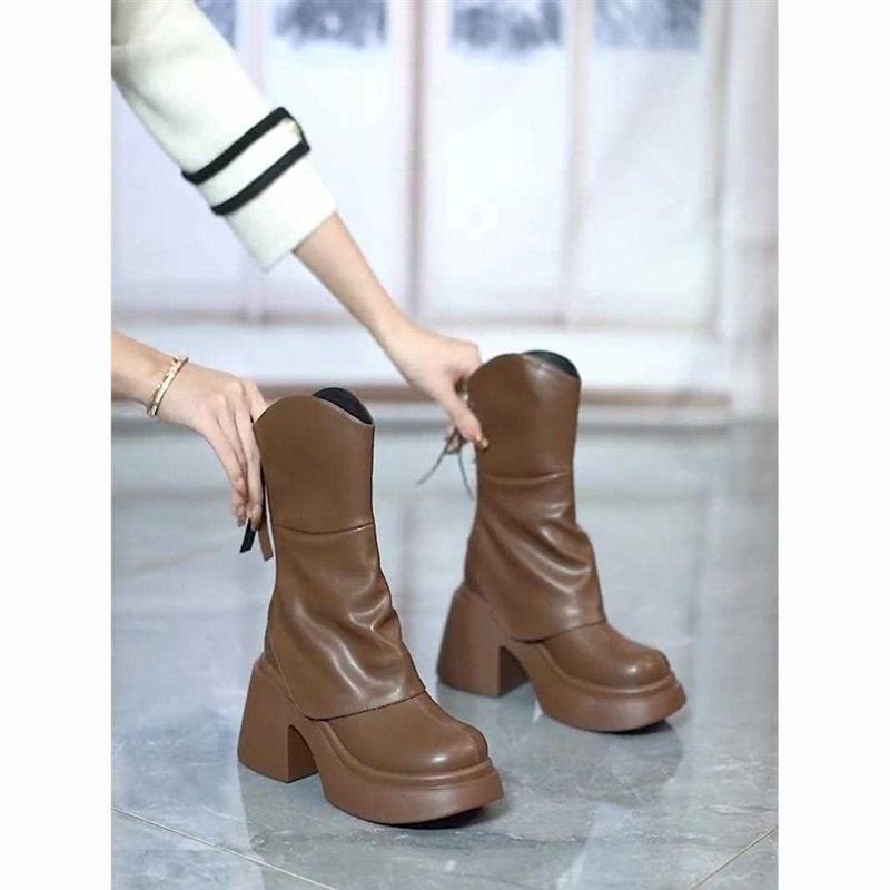 Platform Thick Bottom Height Increasing Mid-Calf Martin Boots 2023 Early Spring Round Toe Small V Cut Surface Chunky Heel Fashion Boots - Image 5