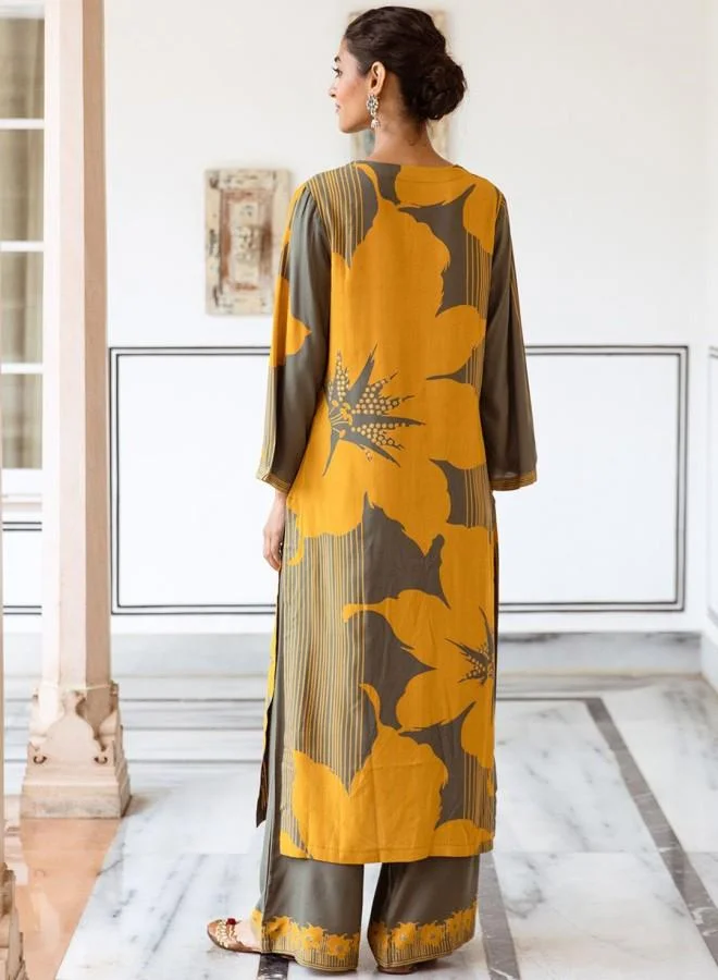 ISHIN Women'S Mustard Rayon Embroidered Tunic Full Length Palazzo Straight Fit Kurta Set