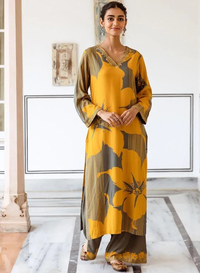 ISHIN Women'S Mustard Rayon Embroidered Tunic Full Length Palazzo Straight Fit Kurta Set