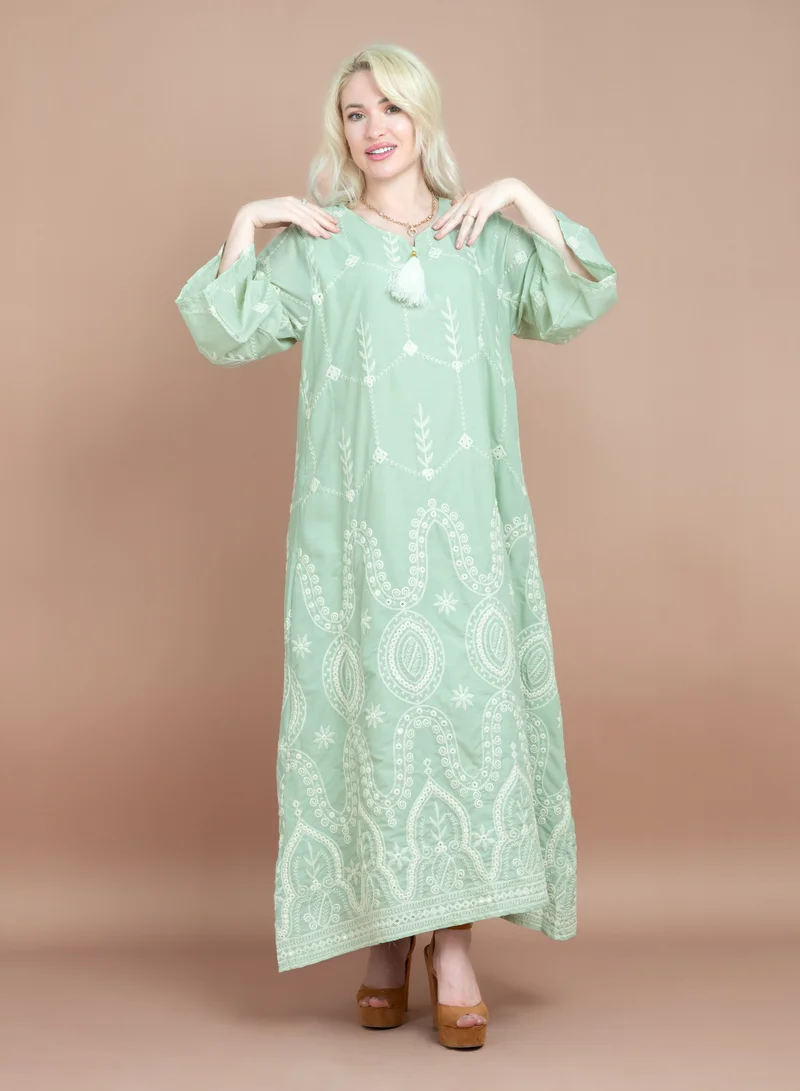 IKKXA Embroidered Pattern Jalabiya CJ1068 Mint