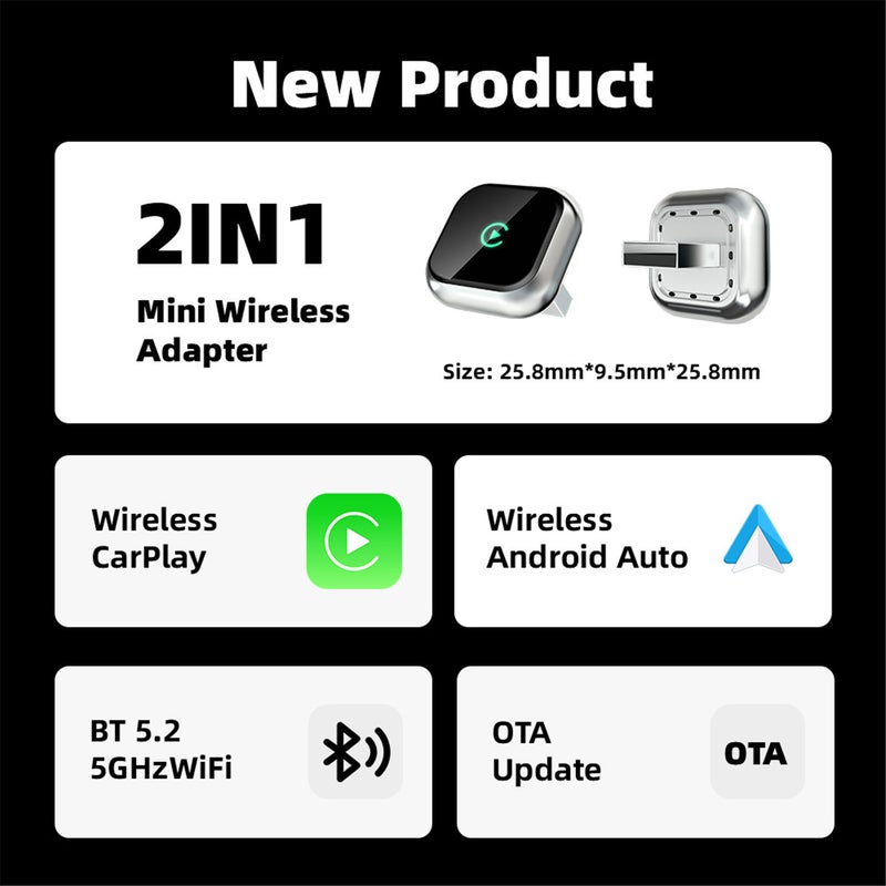 مُحول لاسلكي CarPlay و Android Auto 2 في 1، دونقل CarPlay ذكي من سلكي إلى لاسلكي مع كابلات USB إلى USB و USB إلى Type C، صندوق توصيل راديو السيارة الأصلي، فضي - Image 3