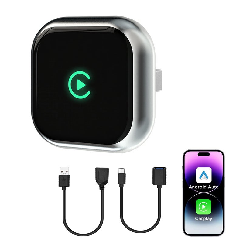 مُحول لاسلكي CarPlay و Android Auto 2 في 1، دونقل CarPlay ذكي من سلكي إلى لاسلكي مع كابلات USB إلى USB و USB إلى Type C، صندوق توصيل راديو السيارة الأصلي، فضي - Image 1