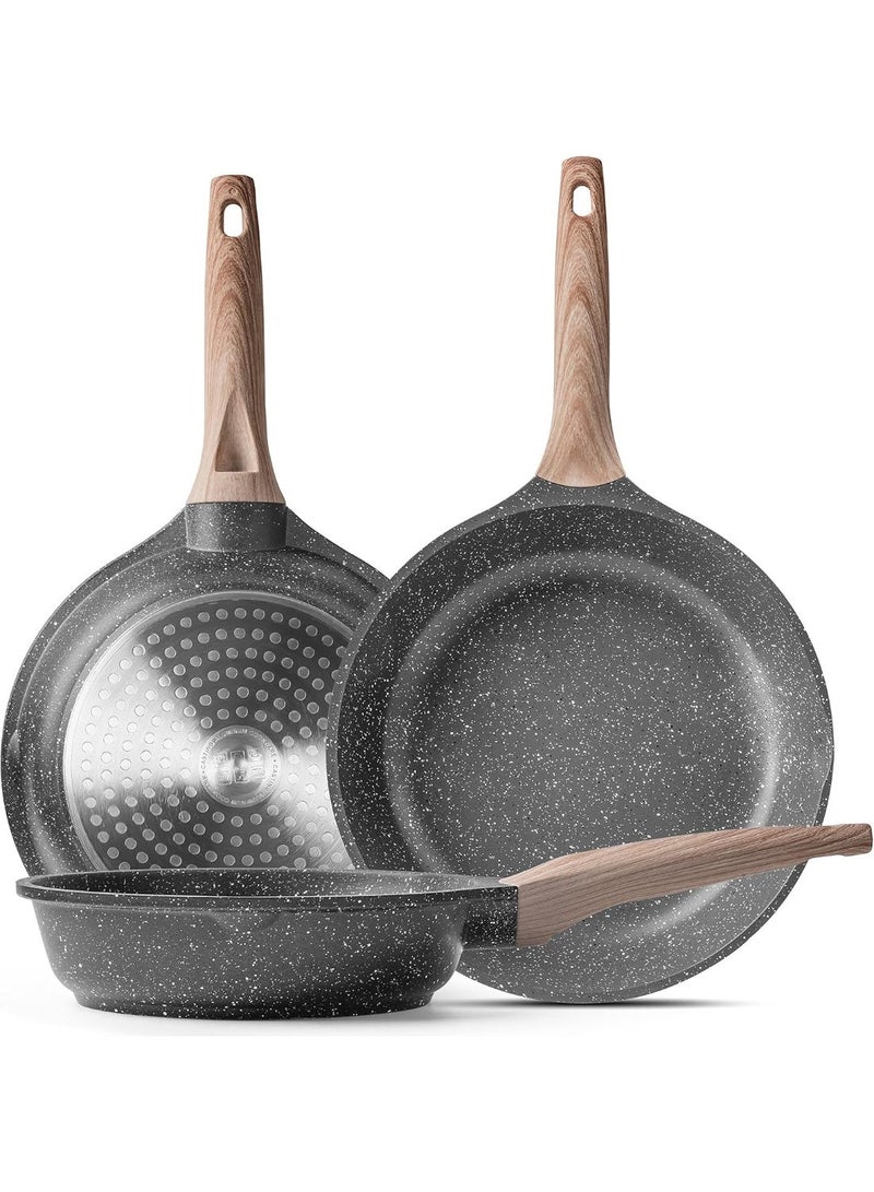 طاسة جرانيت مضادة للالتصاق للقلي، طاسات أومليت مضادة للالتصاق، طاسة بيض للأومليت، أواني طبخ حجرية، طاسة شيف، متوافقة مع الحث، خالية من PFOA (رمادي، ٣ قطع) - Image 1