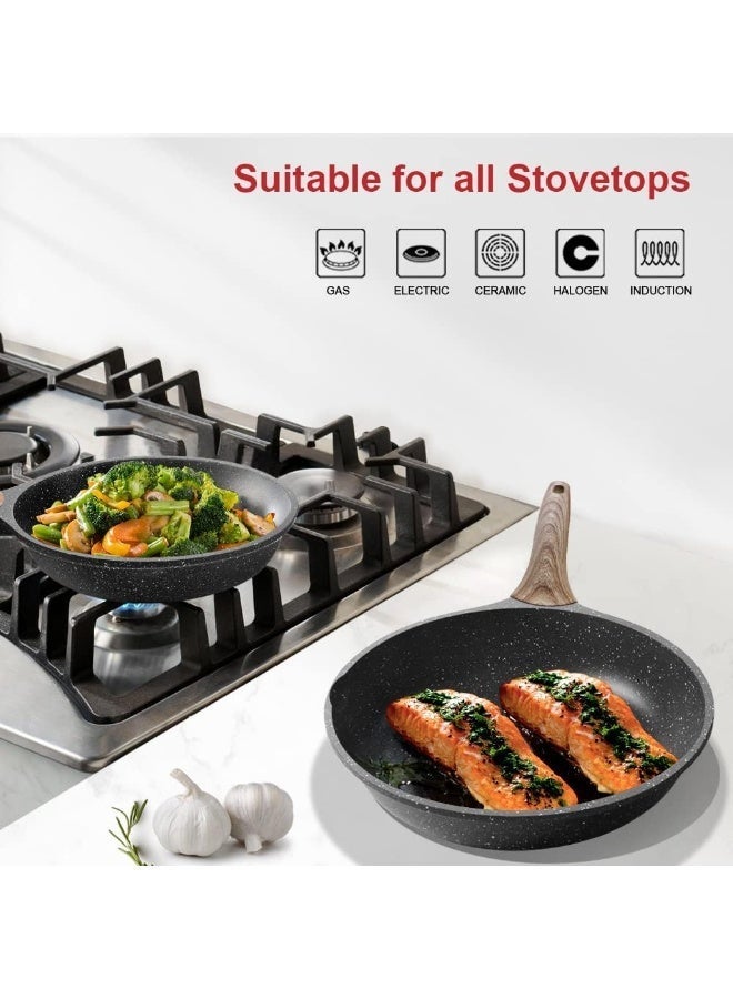 طاسة جرانيت مضادة للالتصاق للقلي، طاسات أومليت مضادة للالتصاق، طاسة بيض للأومليت، أواني طبخ حجرية، طاسة شيف، متوافقة مع الحث، خالية من PFOA (رمادي، ٣ قطع) - Image 3