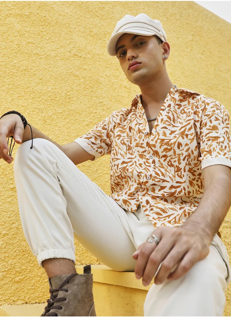 Campus Sutra Campus Sutra Men's Brown Foliage Strokes Shirt For Casual Wear | Spread Collar | Short Sleeve | Button Closure | Cotton Shirts Crafted With Comfort Fit For Everyday Wear