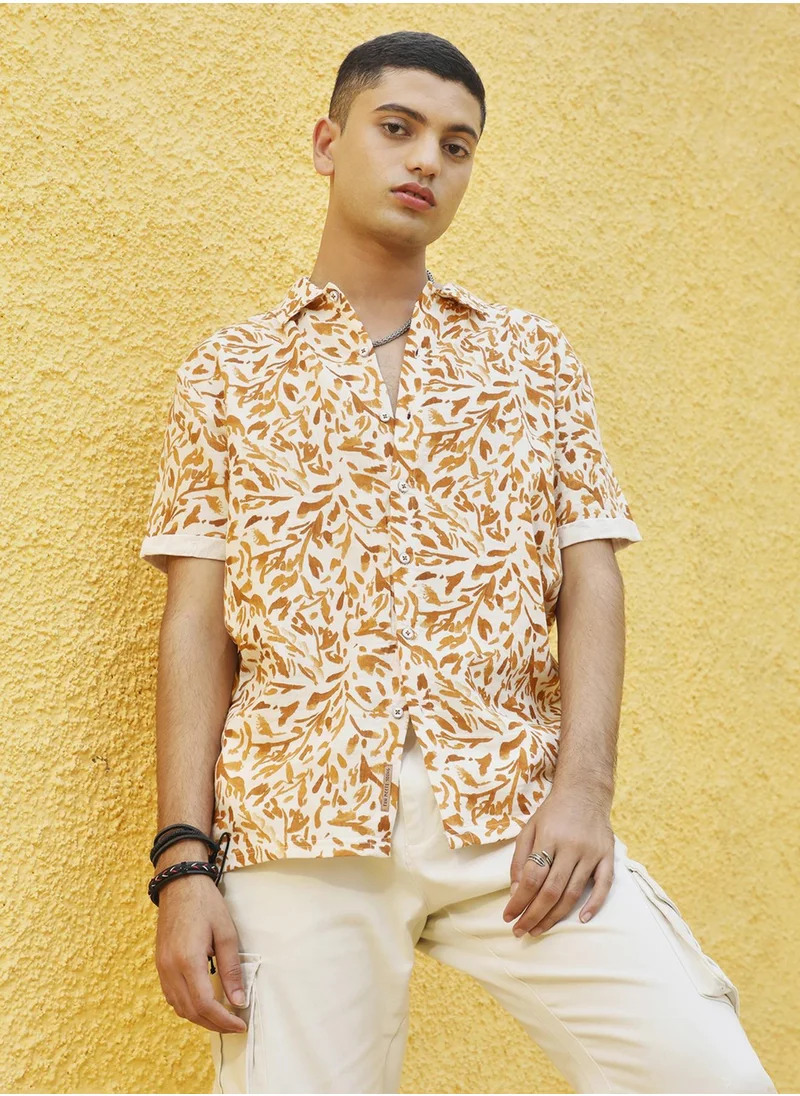 Campus Sutra Campus Sutra Men's Brown Foliage Strokes Shirt For Casual Wear | Spread Collar | Short Sleeve | Button Closure | Cotton Shirts Crafted With Comfort Fit For Everyday Wear
