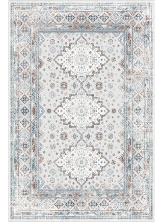 Carpet Rug Anti-Slip- Size- 183 x 275 (6x9 ft) | Color- Cream & Grey |Boho Floral| Ideal as Carpets for Living room, Bedroom & Office