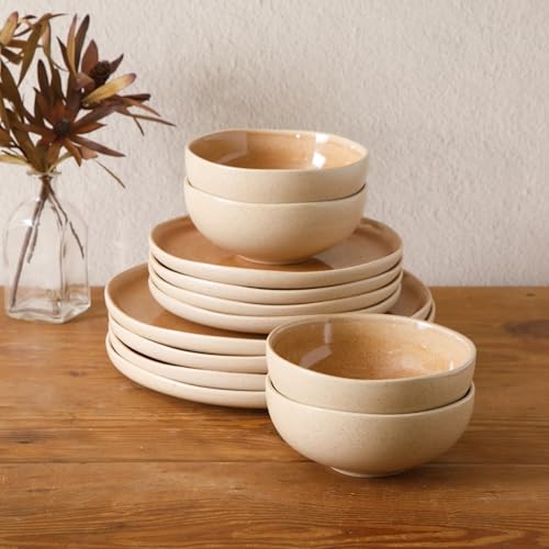 Gibson Elite Manila Bay 12-Piece Stoneware Dinnerware Set, Service for 4, Reactive Glaze Modern Artisan Plates, Bowls & Mugs, Orange, Round Design - Image 5