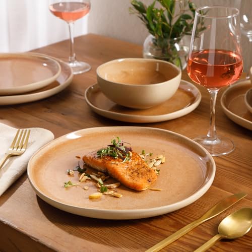 Gibson Elite Manila Bay 12-Piece Stoneware Dinnerware Set, Service for 4, Reactive Glaze Modern Artisan Plates, Bowls & Mugs, Orange, Round Design - Image 2