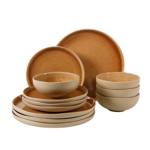 Gibson Elite Manila Bay 12-Piece Stoneware Dinnerware Set, Service for 4, Reactive Glaze Modern Artisan Plates, Bowls & Mugs, Orange, Round Design - Image 1