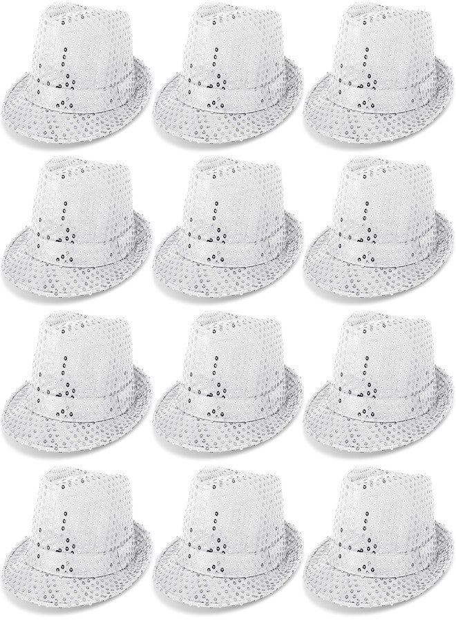 Janmercy 12 Pieces Western Sequin Hat Glitter Solid Color Dance Hat Retro Disco Unisex Costume Cap for Party Props Supplies(White) - Image 1