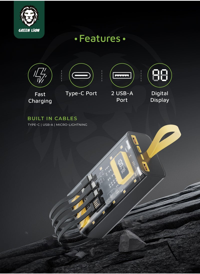 GREEN LION 30000mAh Powerbank Transparent Pro 30000 mAh Power Bank / PD 20W Fast Charging / Built in cables (Lightning, Type-C, USB and Micro) / Digital Display / x2 USB-A Port and x1 Type-C Port / ABS + PC Material - Black/Yellow  - Image 3