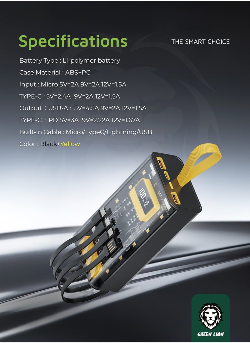 GREEN LION 30000mAh Powerbank Transparent Pro 30000 mAh Power Bank / PD 20W Fast Charging / Built in cables (Lightning, Type-C, USB and Micro) / Digital Display / x2 USB-A Port and x1 Type-C Port / ABS + PC Material - Black/Yellow  - Image 4