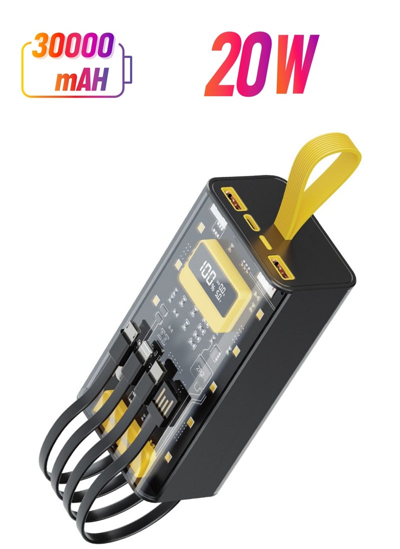 GREEN LION 30000mAh Powerbank Transparent Pro 30000 mAh Power Bank / PD 20W Fast Charging / Built in cables (Lightning, Type-C, USB and Micro) / Digital Display / x2 USB-A Port and x1 Type-C Port / ABS + PC Material - Black/Yellow  - Image 1