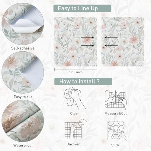 CiCiwind Pink Floral Peel and Stick Wallpaper Farmhouse Removable Self Adhesive Modern Wall Paper for Bedroom Bathroom Light Green Leaf Contact Paper for Cabinets Shelf Drawer 17.3" × 78.7" - Image 5