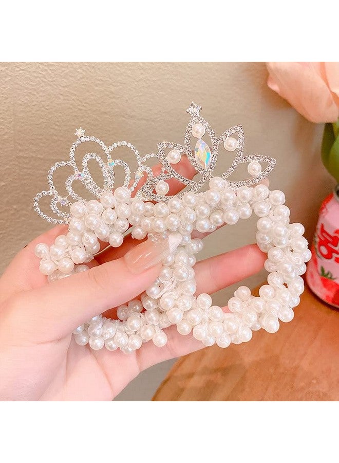 Samyak 2 Pcs Princess Crown Pearl Designer Hair Tie | Ponytail Holder | Kids Scrunchies Headband Gift Set For Children Girls | Hair Tie Wrap | Hair Rubber Band Girls Accessories - Random Crown Designs - Image 1