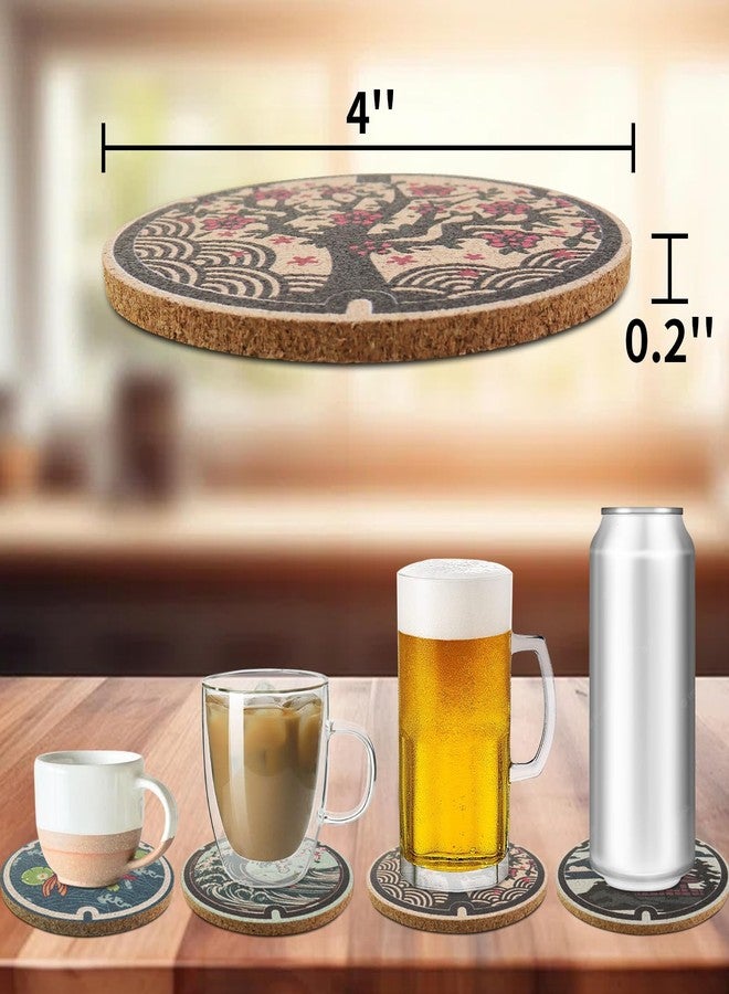 Laisgee Japanese Coasters Japan Manhole Design Coasters for Drinks Cherry Blossom Koi Pagoda Deer Cork Coasters for Coffee Table Housewarming Birthday Gifts Set of 6 - Image 2
