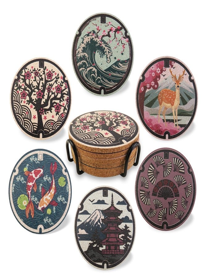Laisgee Japanese Coasters Japan Manhole Design Coasters for Drinks Cherry Blossom Koi Pagoda Deer Cork Coasters for Coffee Table Housewarming Birthday Gifts Set of 6 - Image 1
