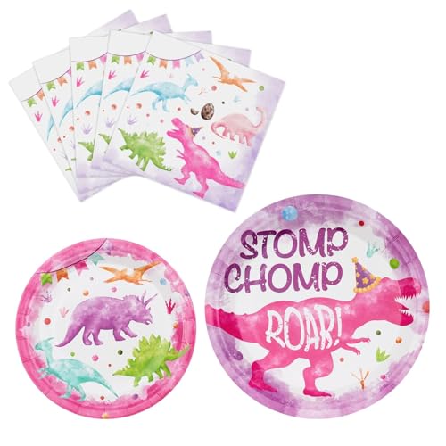 WERNNSAI Girl Dinosaur Party Decorations 48 PCS Dinosaur Plates and Napkins Pink Dino Birthday Decorations Dino Party Plates Tableware for Kids Birthday Baby Shower Decorations Serves 16 Guests - Image 1