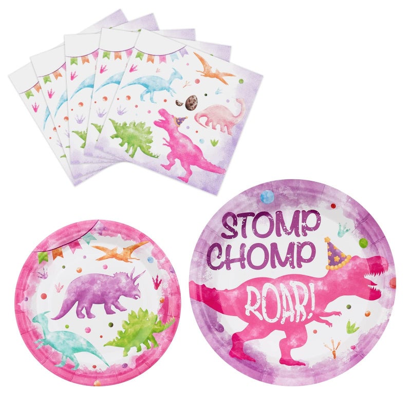 WERNNSAI Girl Dinosaur Party Decorations 48 PCS Dinosaur Plates and Napkins Pink Dino Birthday Decorations Dino Party Plates Tableware for Kids Birthday Baby Shower Decorations Serves 16 Guests - Image 2