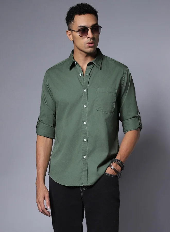 HIGH STAR Men Moss Green Shirts