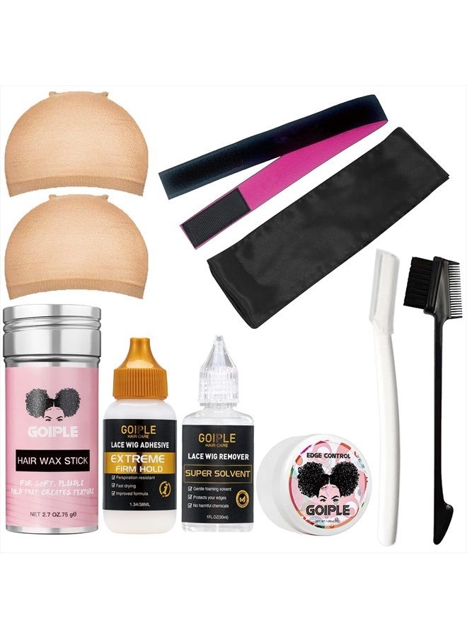 Goiple Wig Accessory Essentials Kit Lace Front Wig Glue & Remover, Wig Caps, Elastic Band, Hair Wax Stick, Edge Control, Edge Brush, Hair Shear Dermaplanning Razor Tool and Edge Scarf - 10PCS - Image 1