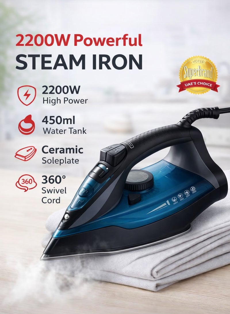 MIXDOR مكواة بخارية محمولة 2200 واط للملابس، بخاخ ملابس بسعة 450 مل مع قاعدة سيراميك، استخدام مزدوج للبخار والتجفيف، نظام مضاد للتكلس، سلك دوار 360°، بخار قوي للمنزل والسفر - Image 1