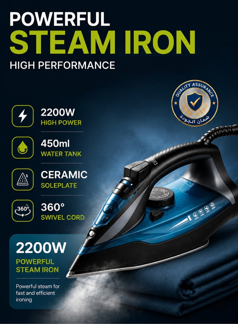 MIXDOR 2200W Handheld Steam Iron for Clothes, 450ml Ceramic Soleplate Garment Steamer, Dual Dry and Steam Use, Anti Calc System, 360° Swivel Cord, Powerful Steam for Home and Travel - Image 1