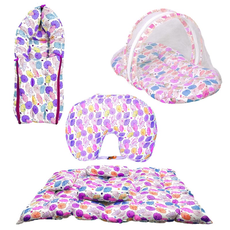 Kids Charm Umbrella 4 PCS Combo Set3 in 1 Babys Cotton Umberllary Bed5 in 1 Babys Cotton Breast Feeding Pillow2 in 1 Cotton Bed with Mosquito Net2 in1 Sleeping Bed for 04 MonthsViolet