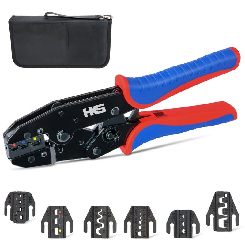 HKS Ratcheting Crimping Tool Set 8 PCS Quick Exchange Jaw for Heat Shrink Terminals NonInsulated Open Barrel Solar Conncetors Insulated and NonInsulated Ferrules AWG 202